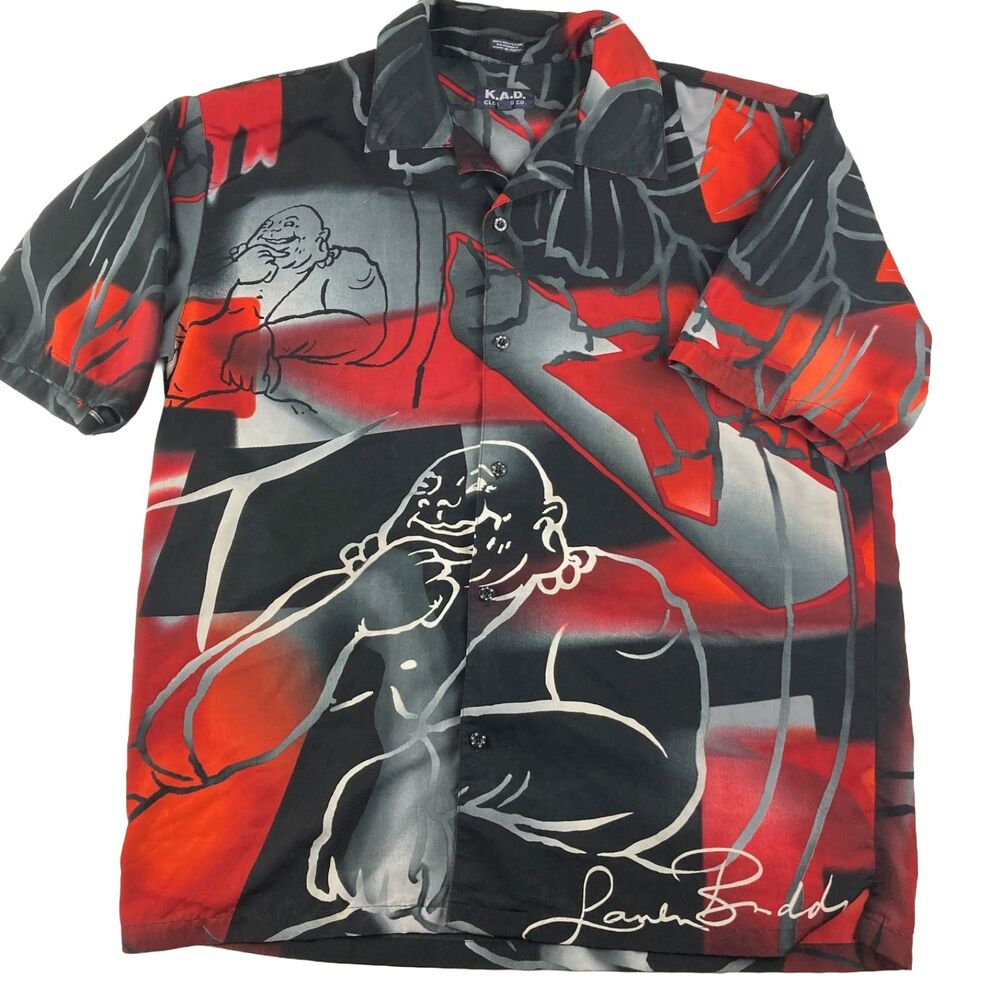 KAD Clothing Co Shirt Mens Large Red Black Abstract Buddha Graphic Button Up